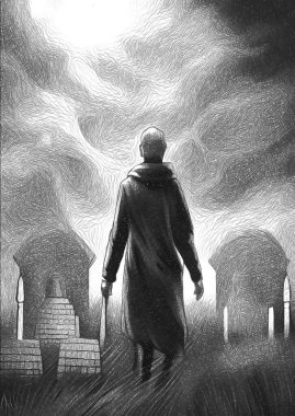 black and white of man in dark land