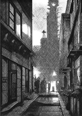 Terk edilmiş şehrin siyah ve beyaz