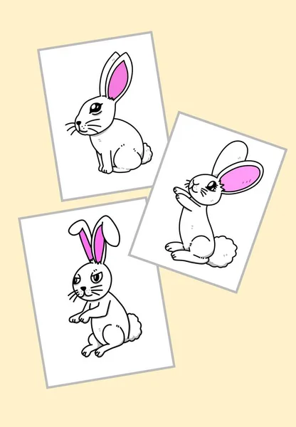 色の背景にかわいいウサギの漫画 — ストック写真