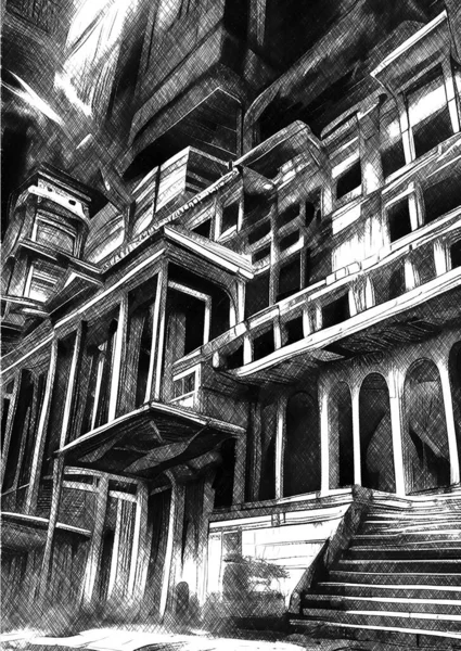 Schwarz Weiß Des Verlassenen Gebäudes — Stockfoto