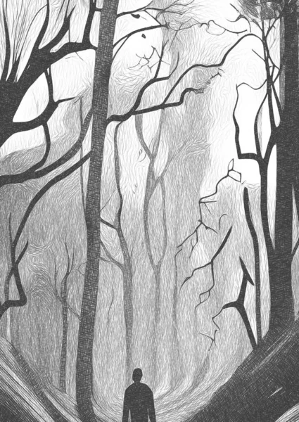 Silhouette Man Dark Forest — 스톡 사진