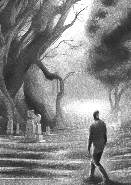 Silhouette Man Dark Forest — стоковое фото