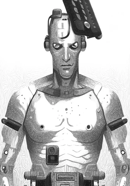 Black White Cyborg Cartoon — Stok fotoğraf