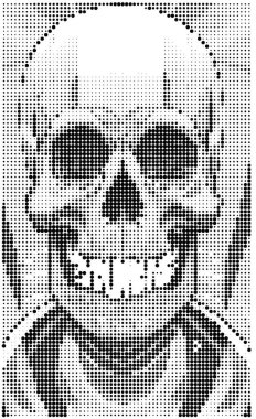 black and white illustration of a skull with a pattern