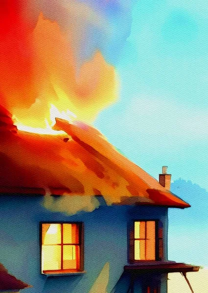 Τέχνη Χρώμα Της Φωτιάς Καύση Σπίτι — Φωτογραφία Αρχείου