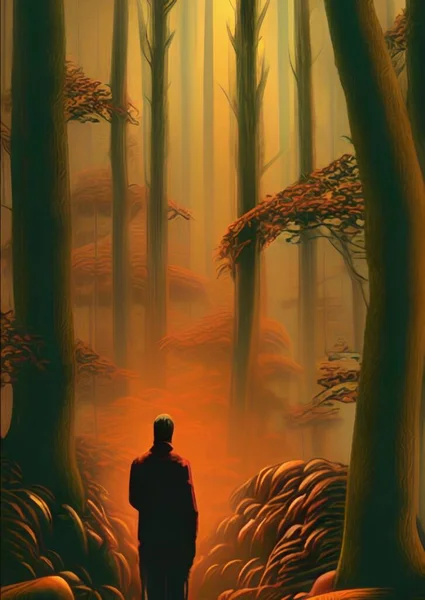 art color of man in dark forest