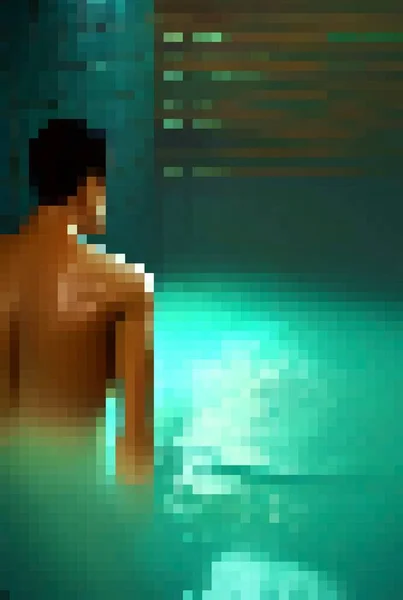 pixel art of man in hot spring