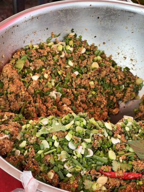 close up Spicy minced pork salad