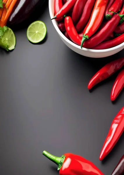red and green chili peppers on a black background. top view. copy space.