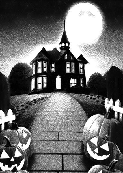 Halloween Pompoen Huis Met Zwart Wit — Stockfoto