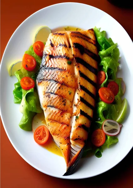 grilled fish with vegetables and sauce on a plate