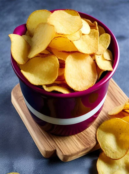 potato chips in a bowl on a wooden background.