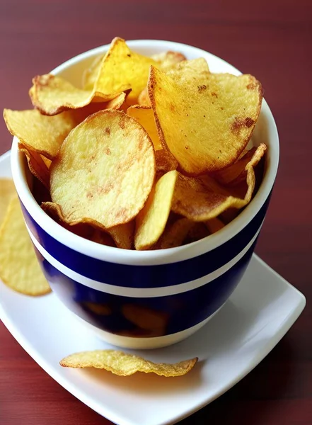 potato chips in a bowl on a wooden background