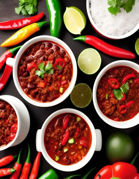 mexican chili con carne with spicy sauce and chilli, red pepper, cilantro, lime, garlic, tomato