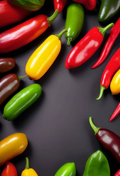 green and yellow peppers on a black background. top view.