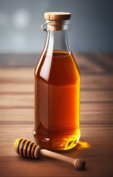 bottle of honey and oil on wooden background