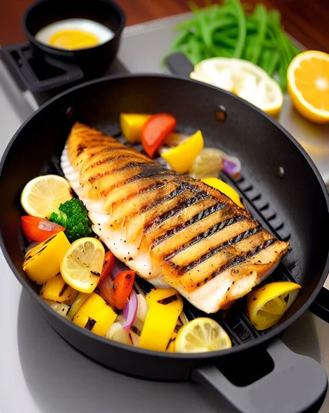 grilled fish with vegetables and lemon on a plate