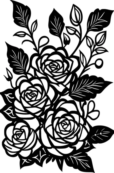 Monochrome Floral Pattern Roses Leaves Illustration — kuvapankkivalokuva
