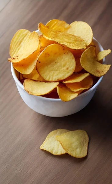 potato chips in a bowl on a wooden background.