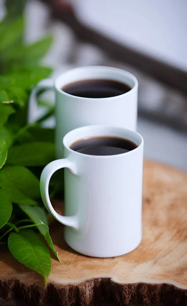 cup of coffee and green leaves on wooden table