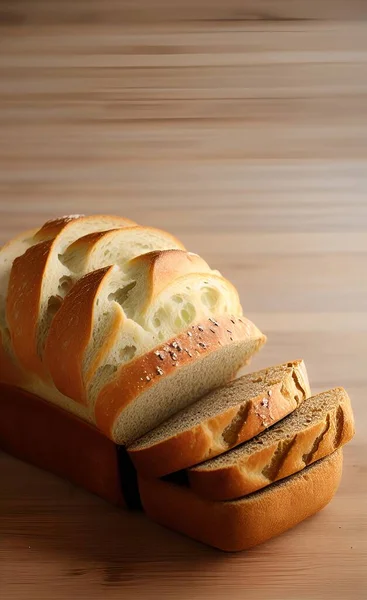 Świeży Chleb Masłem Pokrojony Drewnianym Tle — Zdjęcie stockowe