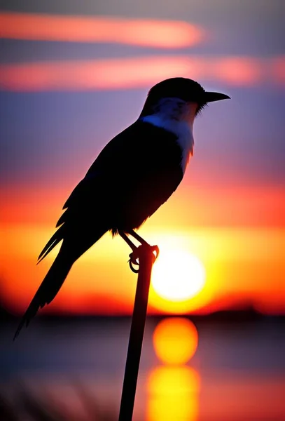 silhouette of a bird on a background of sunset