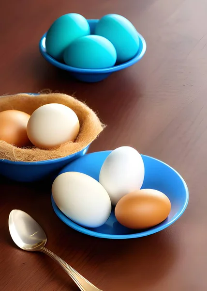 Mavi Arka Planda Bir Kasede Yumurtalar — Stok fotoğraf