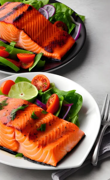 fresh salmon with vegetables and spices on white plate