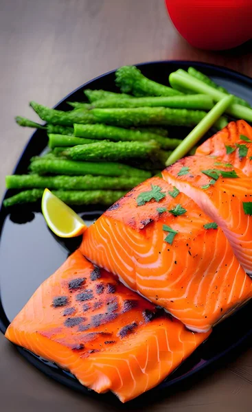 fresh salmon fillet with vegetables and spices on black background