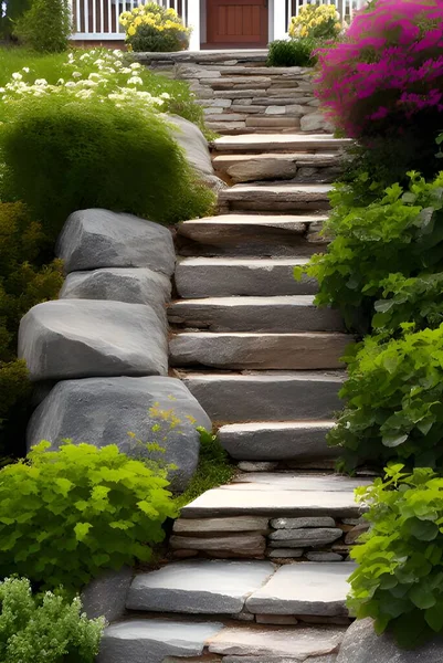 stock image beautiful garden with green grass and stone stairs