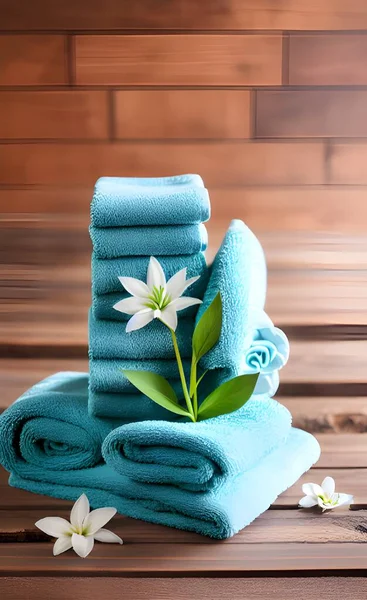 stock image spa towels and flowers on wooden background