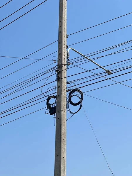 Electrical Wires Background Blue Sky — Stok fotoğraf
