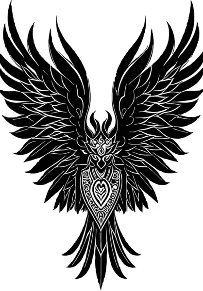 有翅膀和鹰的纹身的黑白插图 — 图库照片