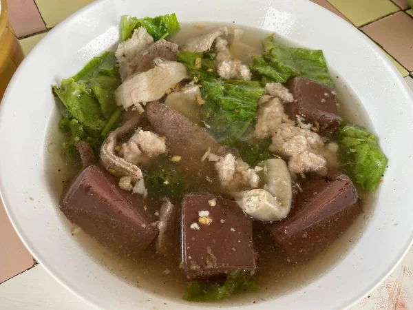 Vue Rapprochée Délicieux Plats Asiatiques Soupe Sang Porc Style Thaï — Photo