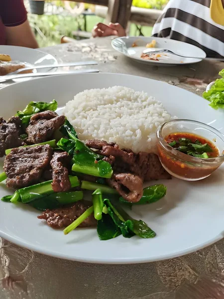 Beef Steak Rice Vegetables — Stock Photo, Image