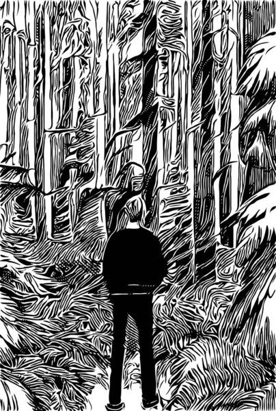 Hand drawn sketch of a man in the forest