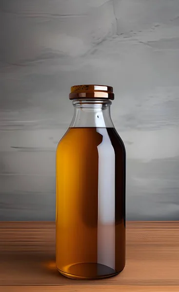 bottle of oil and honey on a wooden background