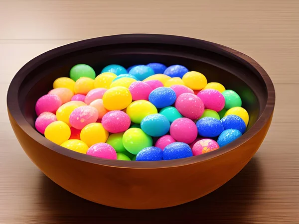 colorful candies in a bowl on a wooden background
