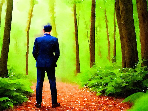 color of man in a suit with a backpack on the background of the forest