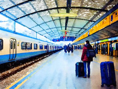 Şehirdeki tren istasyonunda gezginin sanat rengi