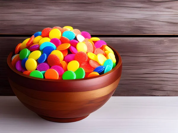 sweet candies with a bowl on a wooden surface.