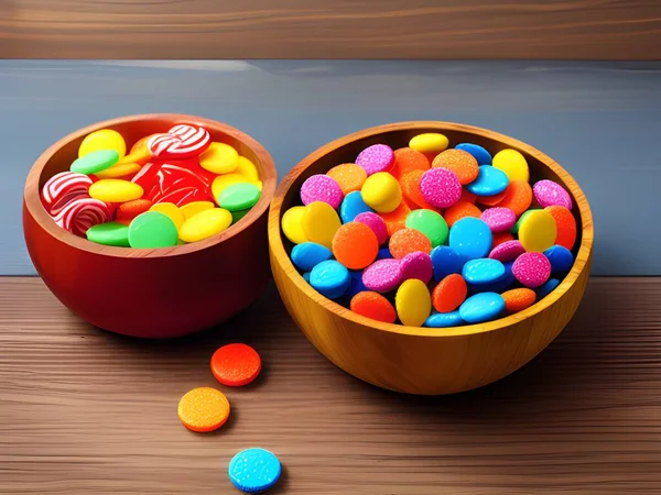 sweet candies with a bowl on a wooden surface.