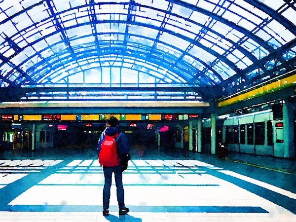 Kunstfarbe Des Reisenden Bahnhof Der Stadt — Stockfoto