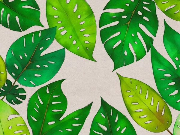 Grön Tropisk Palm Blad Bakgrund För Design Akvarell Stil — Stockfoto