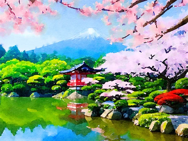 Tło Akwarela Japońskim Tradycyjnym Azjatyckim Ogrodem Fuji Sakurą Kwiatami — Zdjęcie stockowe