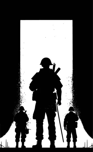 Silhouetten Van Militaire Arbeiders Tegen Achtergrond Van Oorlog — Stockfoto