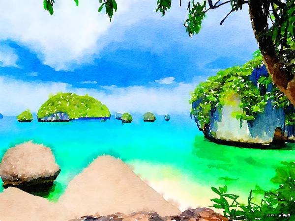 Schönen Tropischen Strand Landschaft Aquarell Hintergrund — Stockfoto