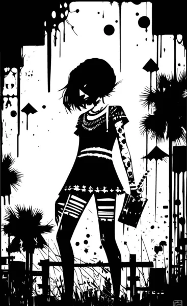 black and white of zombie woman cartoon