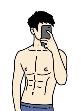 Genç adam akıllı telefonlu tablet kullanıyor, karikatür çizimi