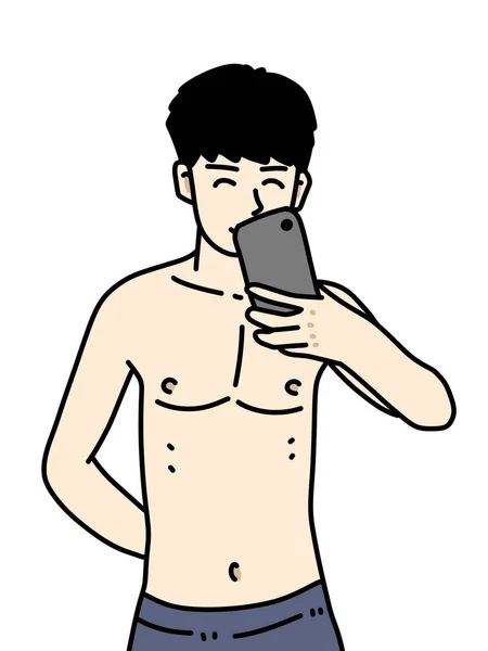 Junger Mann Benutzt Tablet Mit Smartphone Zeichentrick Illustration — Stockfoto